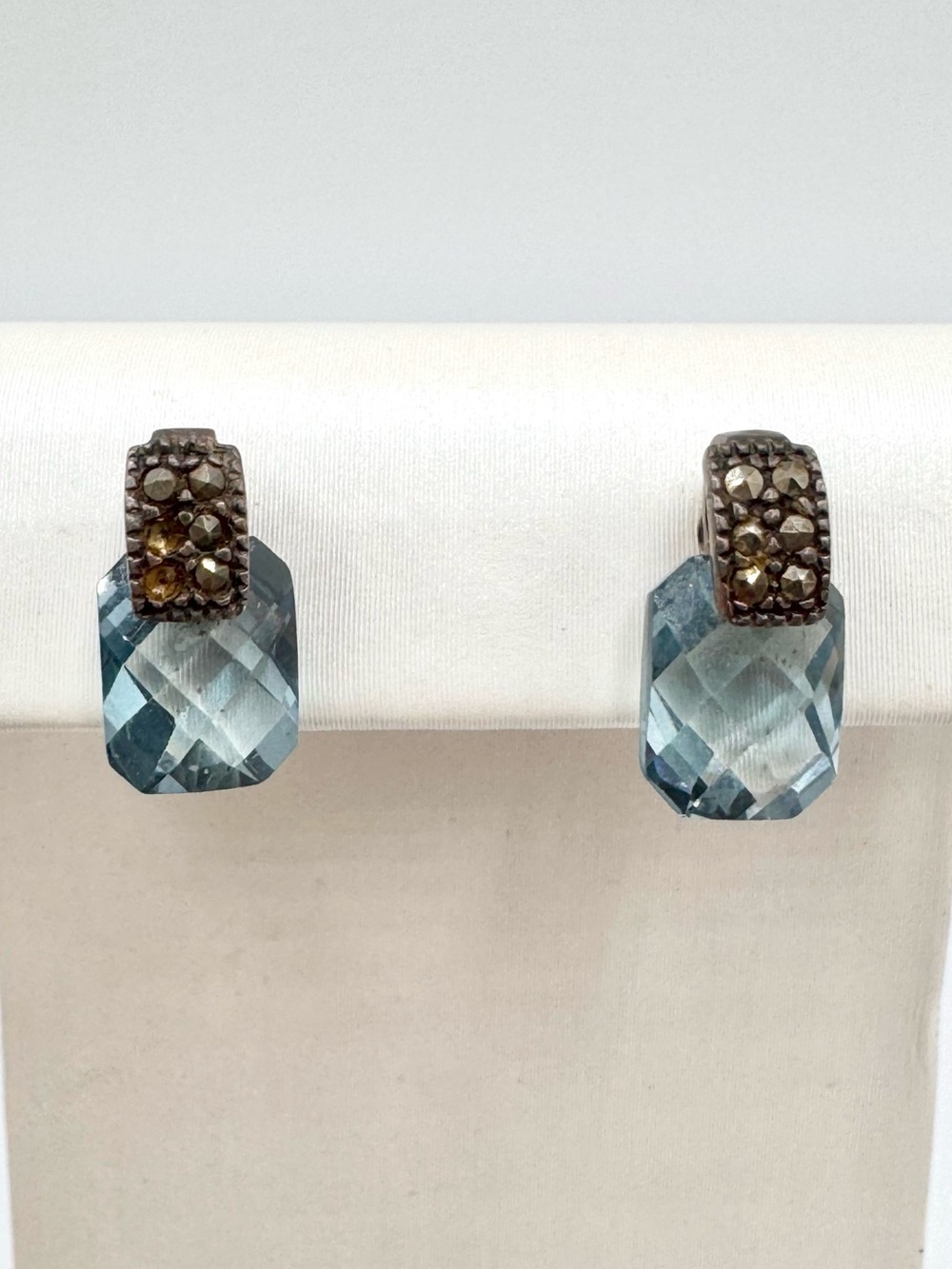 READ Vintage Topaz Marcasite Sterling Silver Stud Earrings Cushion Cut Signed